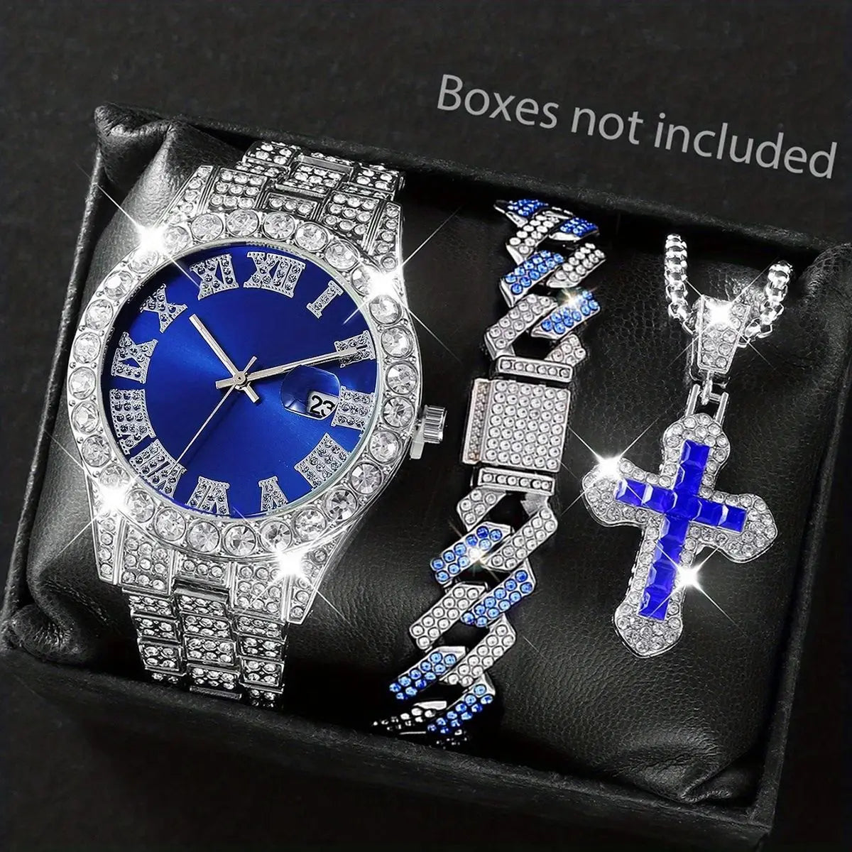 Two-Tone Iced Out Men's Watch & Cuban Bracelet – Blue Dial Watch & Bracelet Set Qme Multicolor