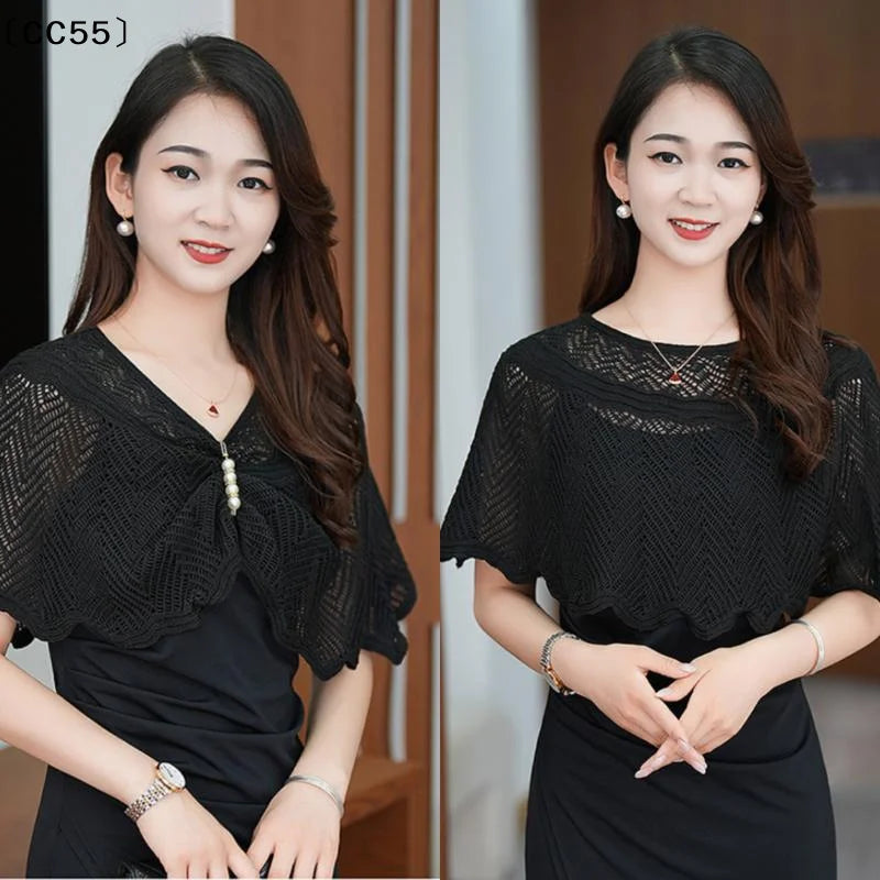 Women's Knit Shawl with Pearl Brooch – Lightweight Cape Knit Shawl Cape Qst
