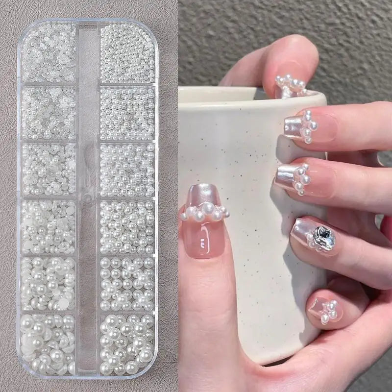 Half Round Pearl Nail Charms – 12-Grid Flatback Bead Set Nail Art Charms Qme