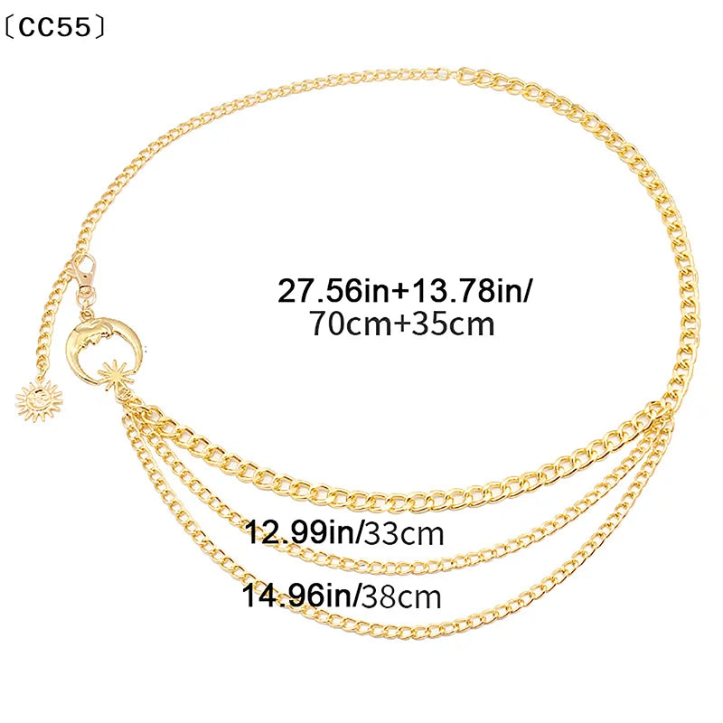 Women's Moon Star Waist Chain Belt – Gold & Silver Alloy Waist Chain Belt Qst