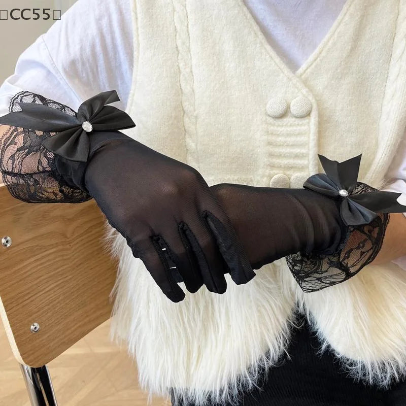 Sheer Mesh Lace Gloves with Ribbon Bow | Lolita Tulle Lace Fashion Gloves Qst