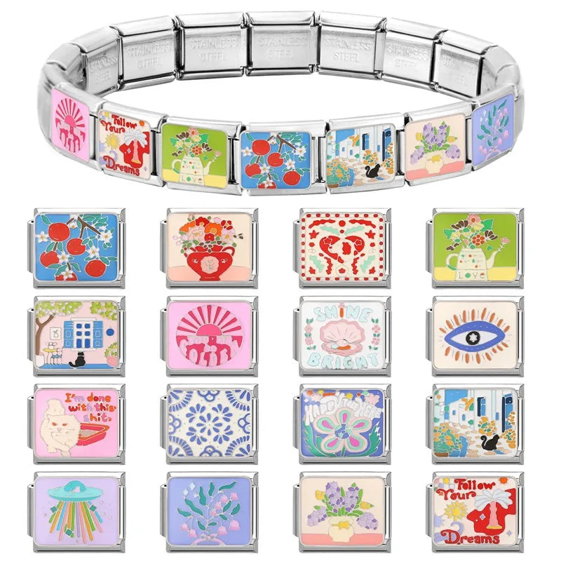 Y2K Colorful Glaze Cat Italian Charm Link Bracelet Charm Link Bracelet Qme