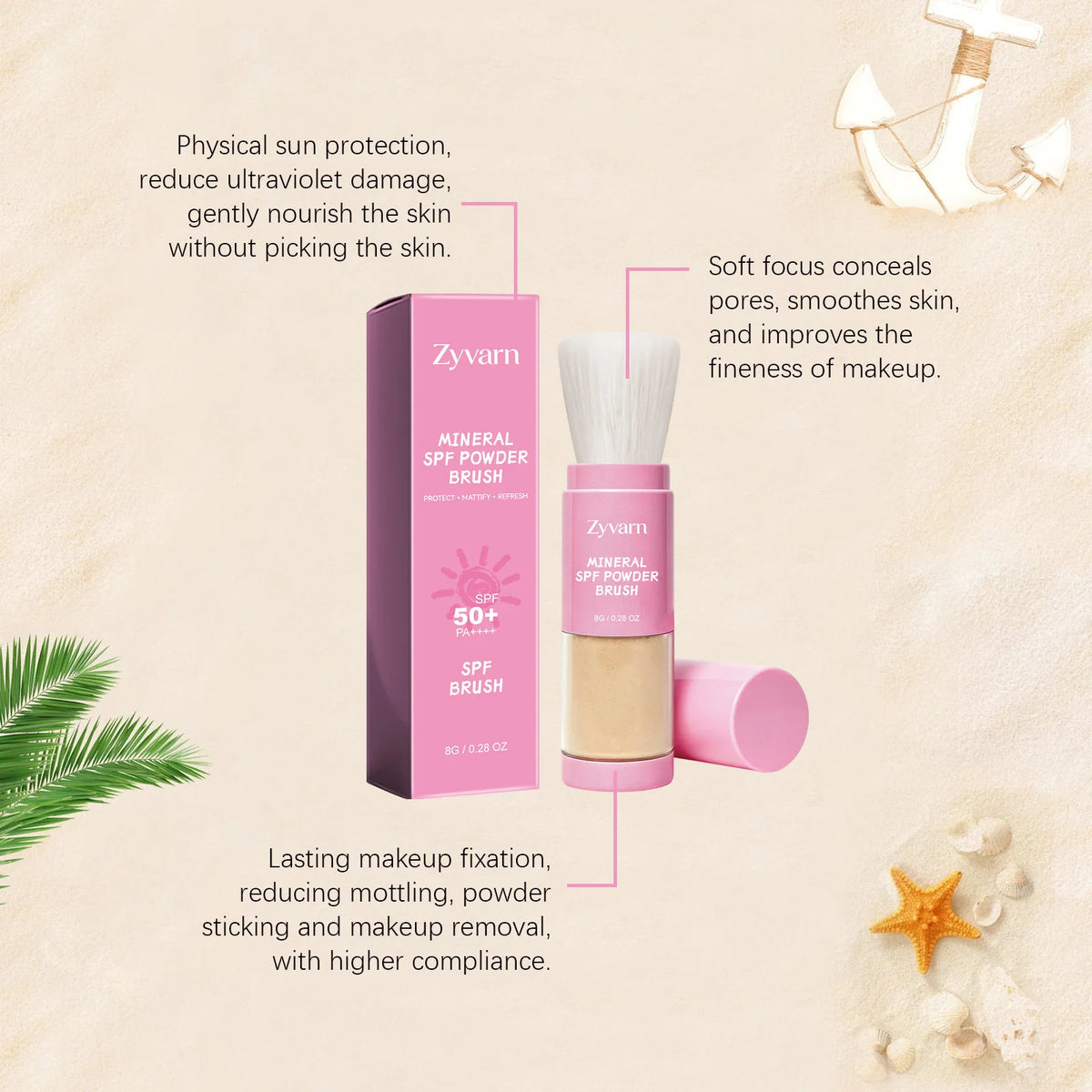 Zyvarn SPF50+ Mineral Sunscreen Powder Brush – Matte Finish Mineral Sunscreen Powder Qst