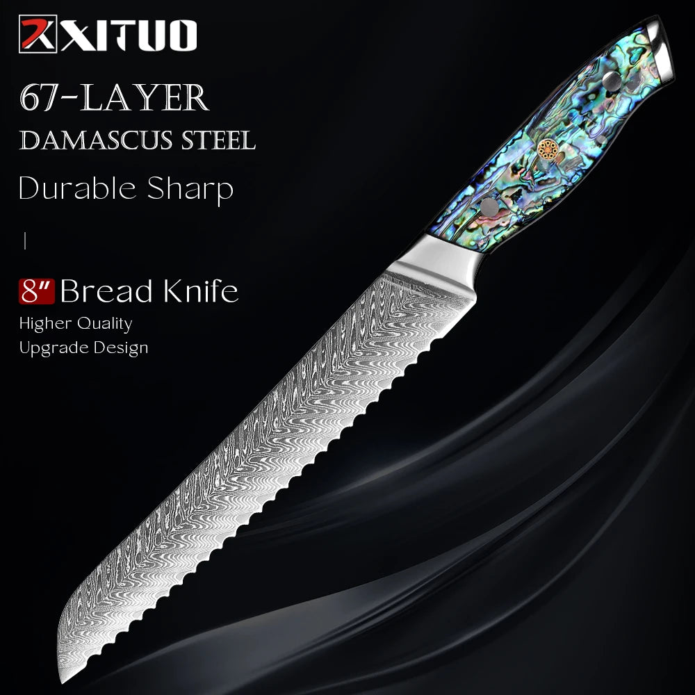 XITUO 8-Inch Damascus Steel Serrated Bread Knife | Bakers Serrated Bread Knife Qst Bread Knife