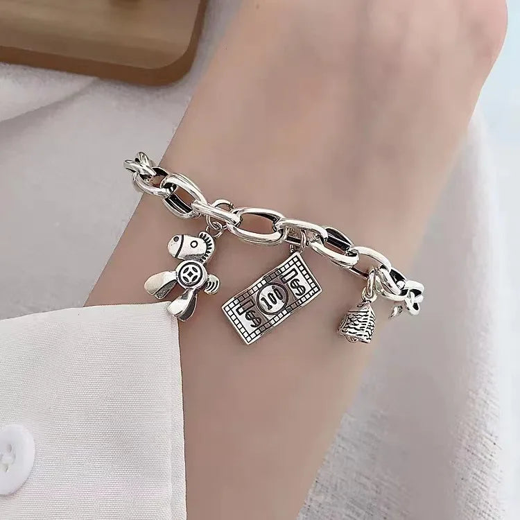 Women's Retro Thick Chain Charm Bracelet – Horse, Fish & Coin Charm Bracelet Qme