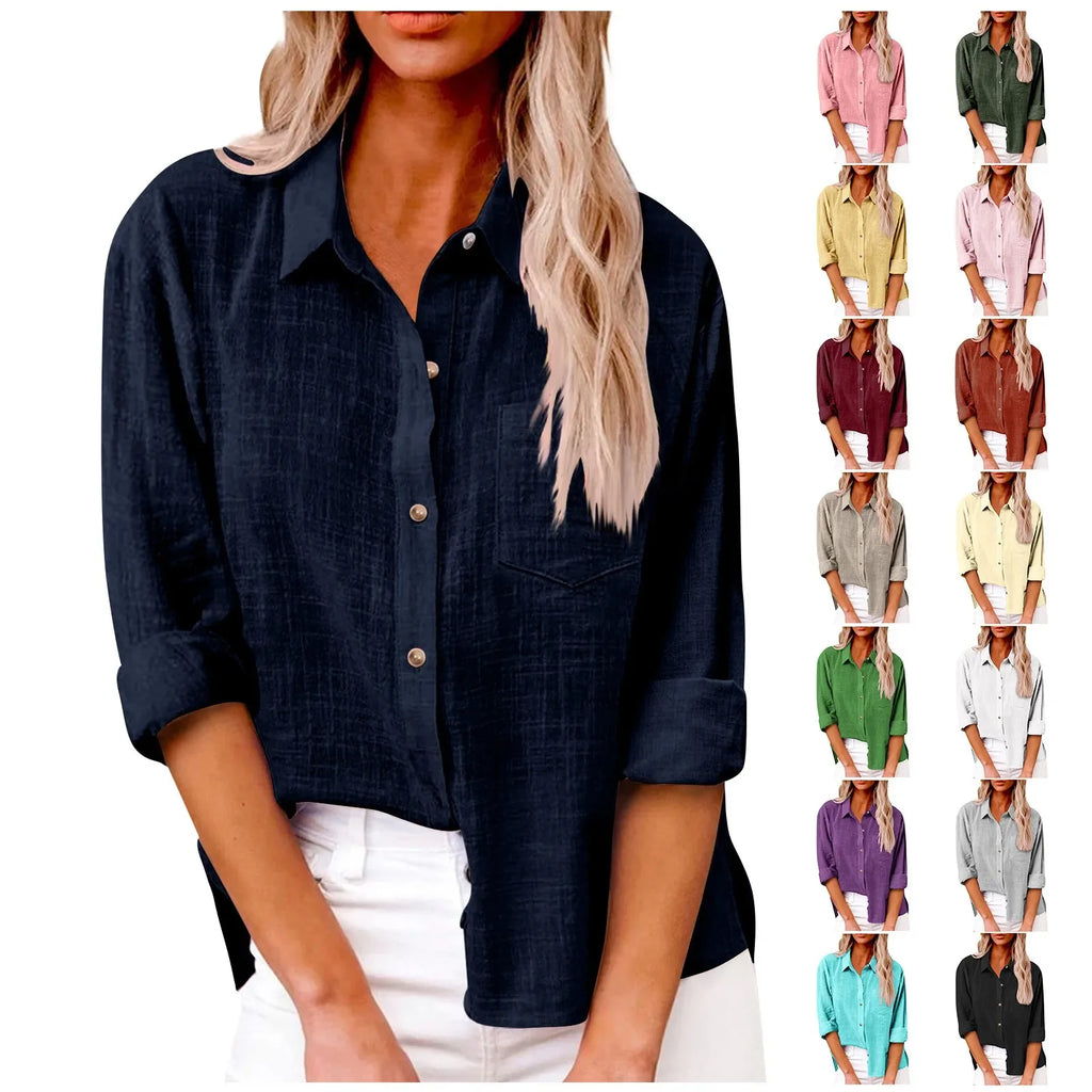 Women's Long Sleeve Turn-Down Collar Retro Linen Shirt Women's Long Sleeve Shirt Qme
