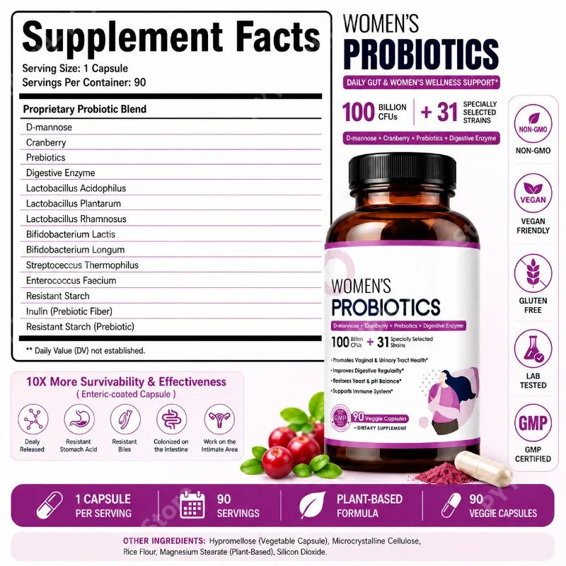 Women's Probiotics 100B CFUs 31 Strains D-Mannose Cranberry 90 Caps Women's Probiotic Supplement Qst