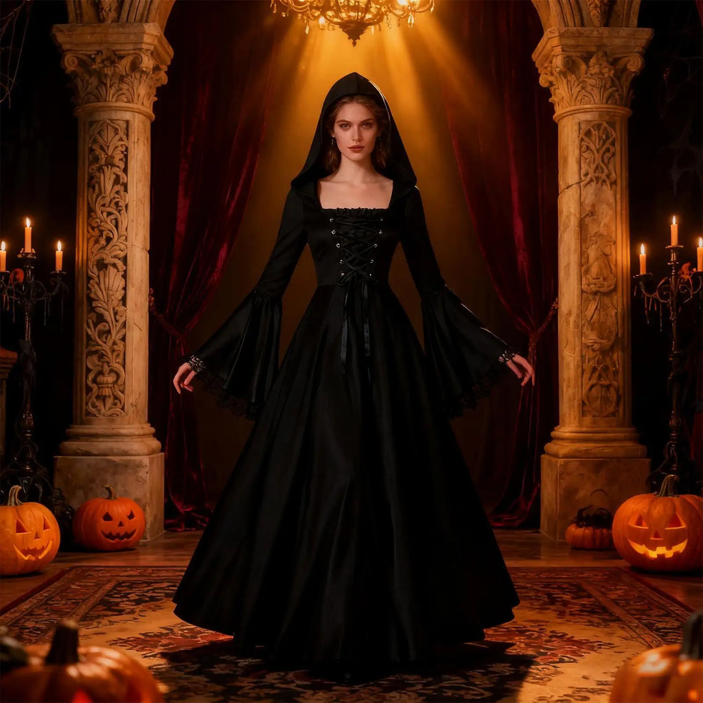 Witch Costume Black Gothic Dress with Hood | Halloween Outfit Halloween Costume Dress Qme