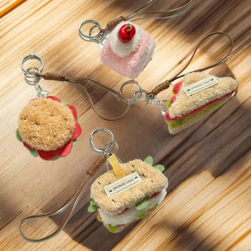 Food Plush Keychain – Hamburger, Sandwich & Cake Charm Novelty Plush Keychain Qme