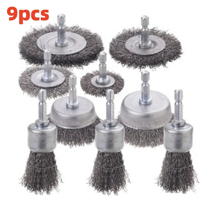 Wire Wheel Cup Brush Set 6.35mm Hex Shank – Grinder Tool Wire Wheel Brush Set Qme 9pcs