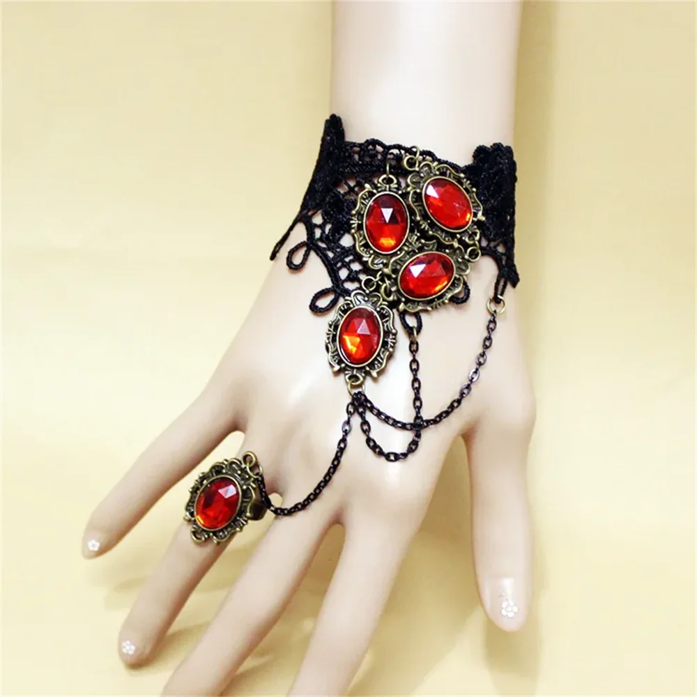 Vampire Black Lace Gem Bracelet – Vintage Punk Ring Lace Gem Bracelet Qme