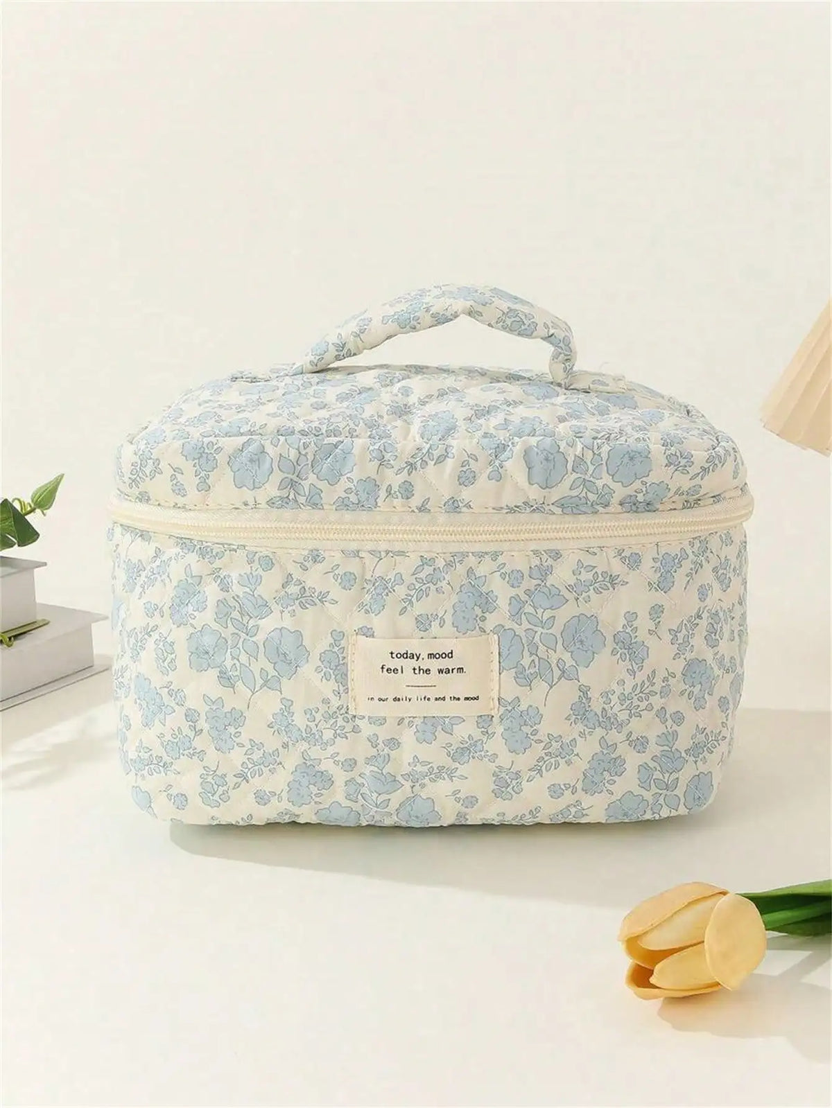 Large Capacity Cotton Makeup Bag – Checkered Flower Design Makeup Bag Qme