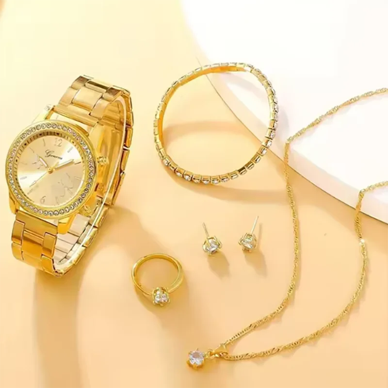Women's Fashion Steel Belt Watch & Jewelry Set – 6 Pcs Women's Watch Set Qme