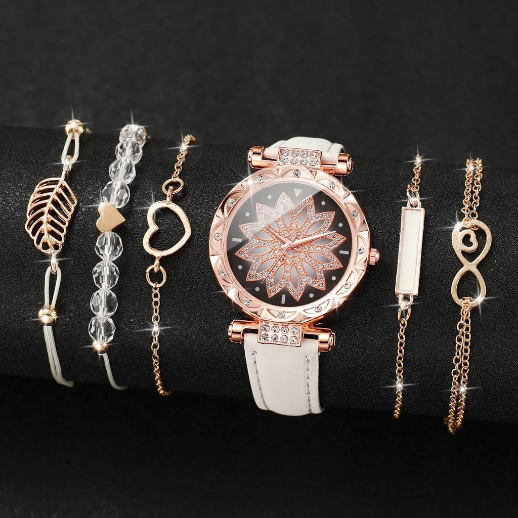 Women's Quartz Watch PU Leather Strap & Bracelet Set Bracelet Watch Set Qme 6PCS Set Without Box