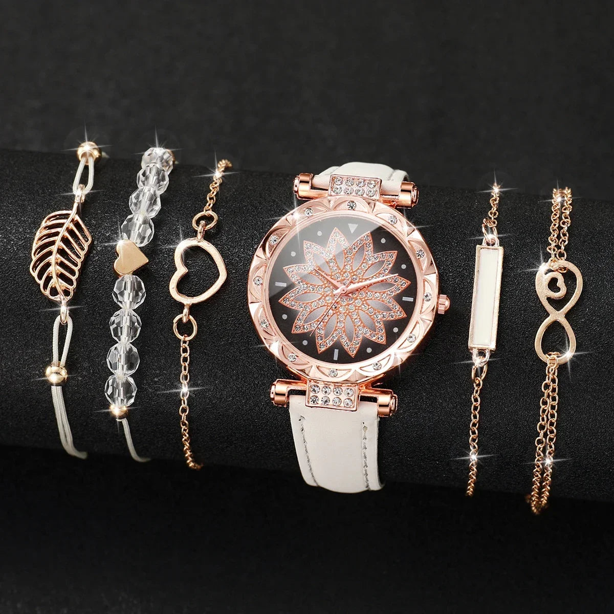 Women's Quartz Watch PU Leather Strap & Bracelet Set Bracelet Watch Set Qme 6PCS Set Without Box