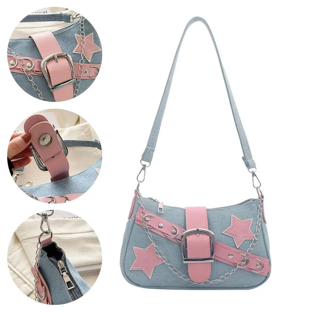Women's Denim Stars Underarm Shoulder Bag – Trendy Handbag Underarm Shoulder Bag Qme