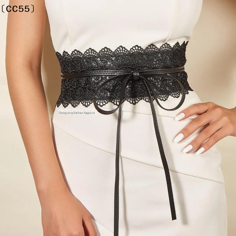 Vintage Boho Lace Bow Wide Waist Belt – Scalloped Edge Lace Waist Belt Qst