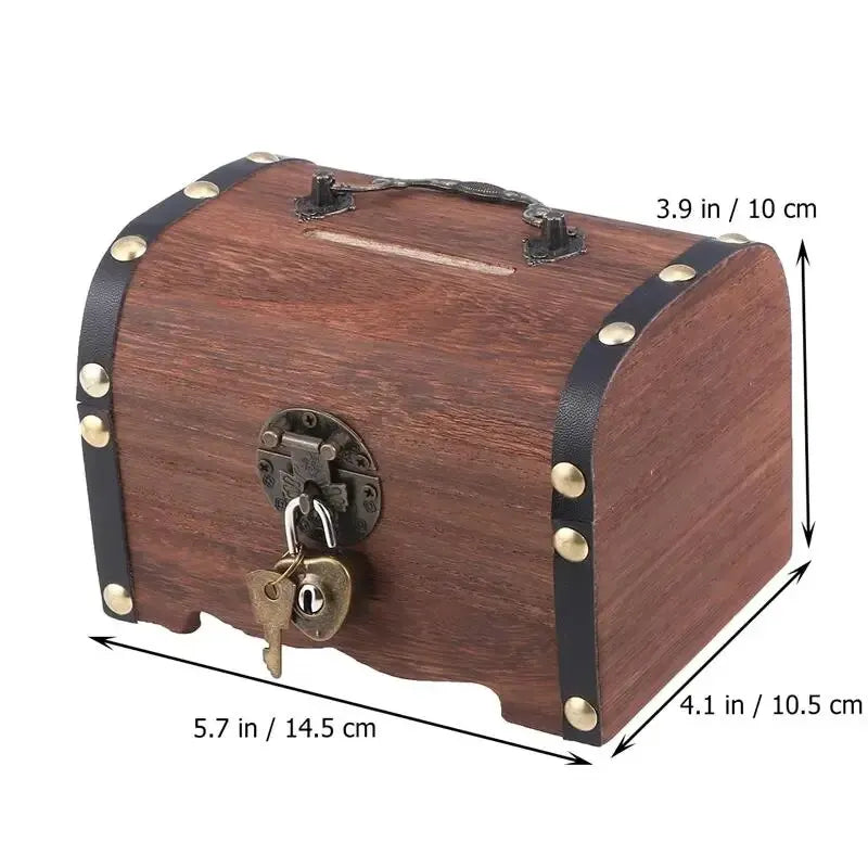 Vintage Wooden Treasure Chest Piggy Bank with Lock Decorative Piggy Bank Qme