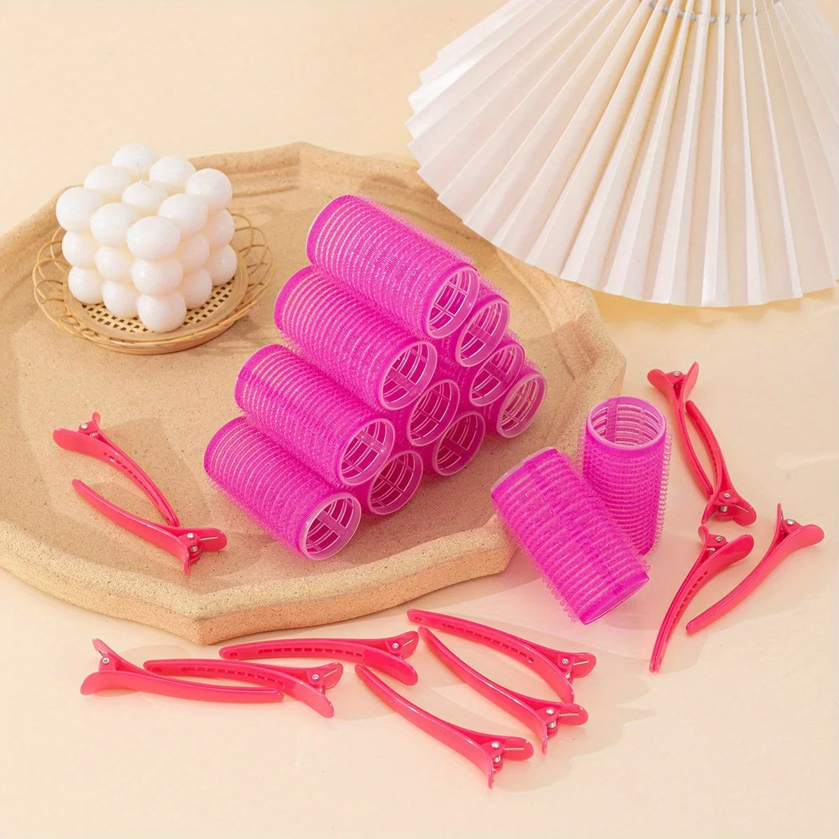 Self-Grip Hair Curler Rollers & Clips Set – 12 Piece Hair Curler Rollers Qme Pink
