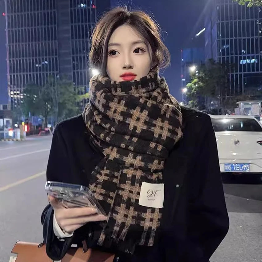 Checkered Faux Cashmere Scarf – Warm Knit Shawl for Women Scarf & Shawl Qst Coffee