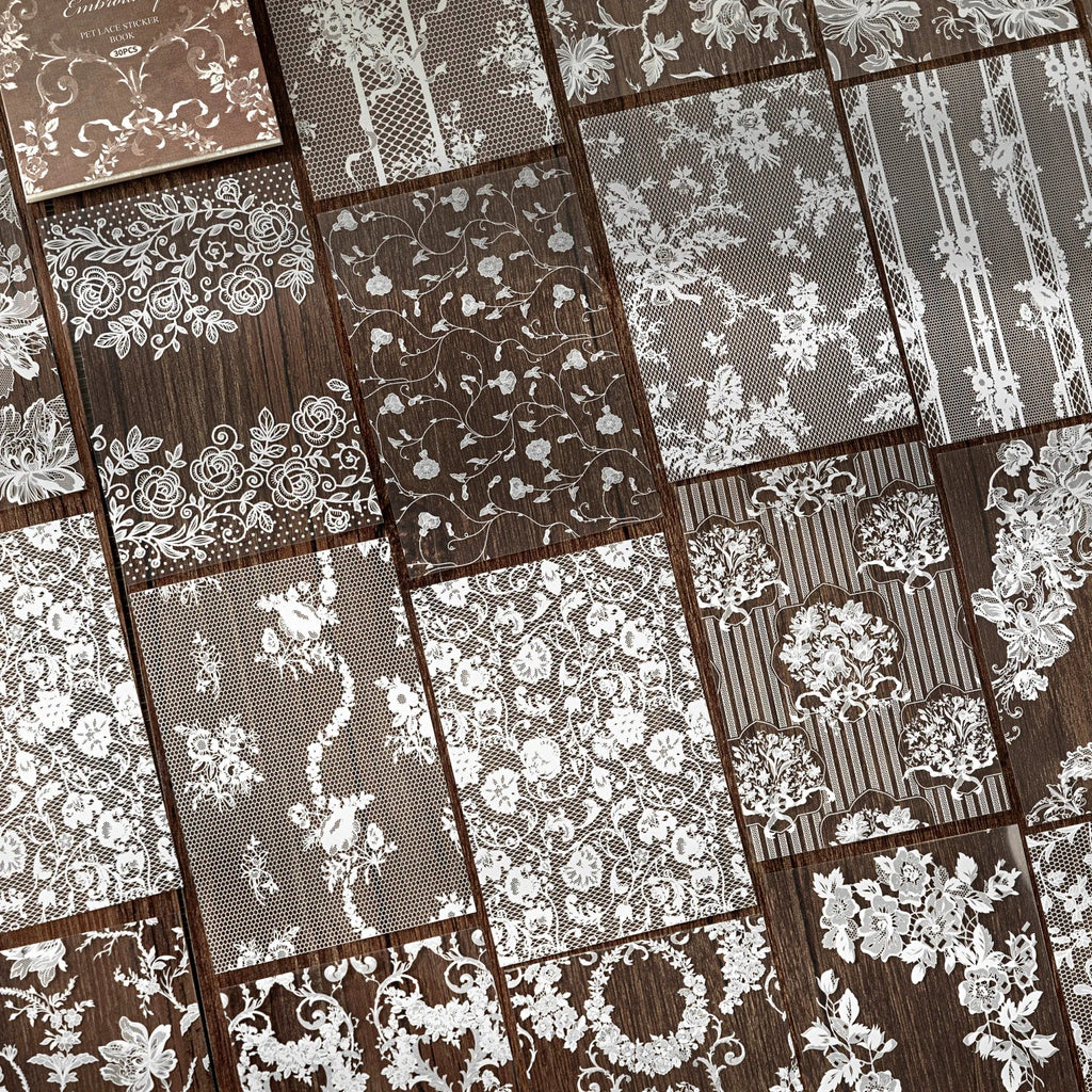 30-Sheet Lace PET Stickers for DIY Scrapbooking & Collage Art Decorative Craft Stickers Qme
