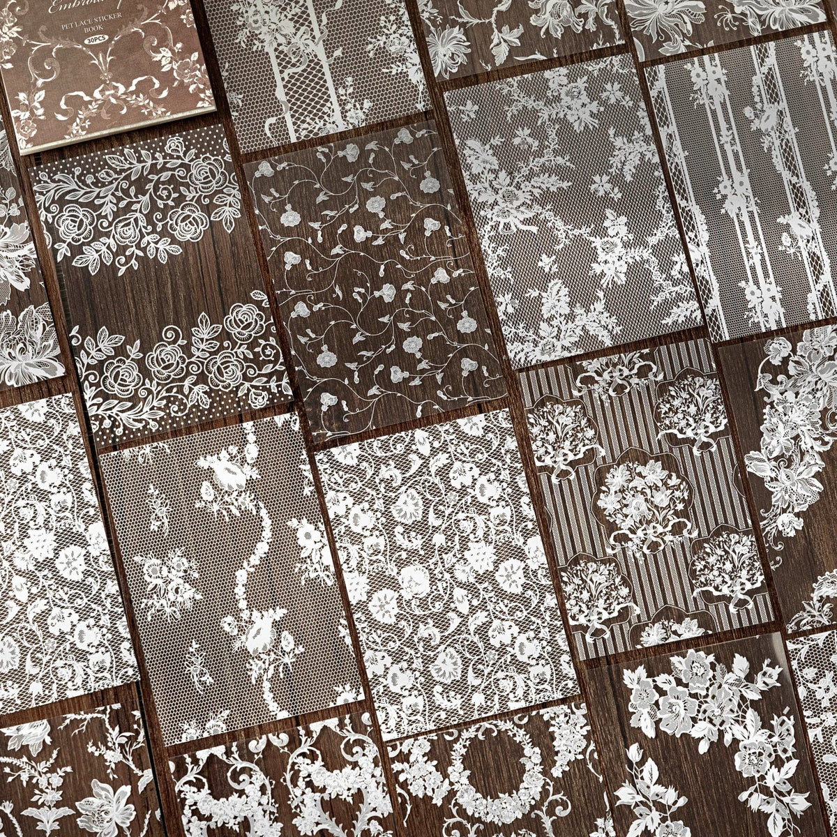 30-Sheet Lace PET Stickers for DIY Scrapbooking & Collage Art Decorative Craft Stickers Qme