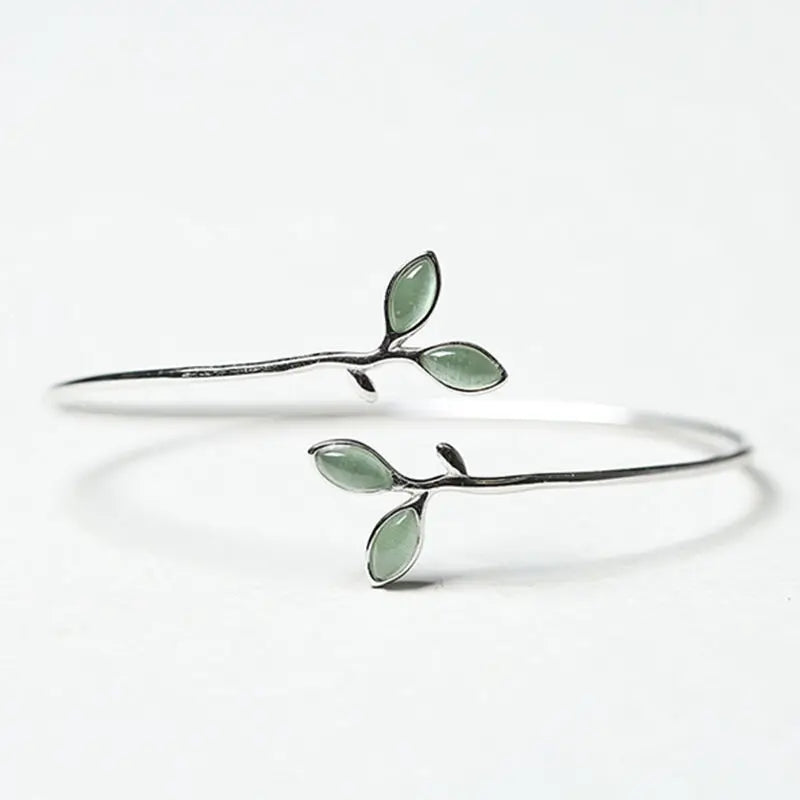 925 Silver Green Opal Leaf Bangle | Minimalist Women's Bracelet Silver Opal Bangle Qme green