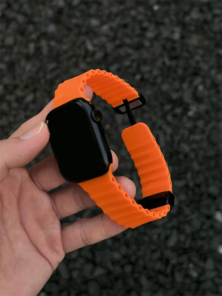 Magnetic Folding Buckle Apple Watch Band | Soft Silicone Strap Apple Watch Band Qme orange 42-44-45-49mm