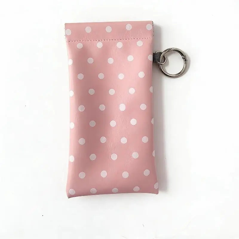 Polka Dot Eyeglass Pouch with Keychain – PU Leather Soft Case Eyeglass Pouch Case Qst Pink