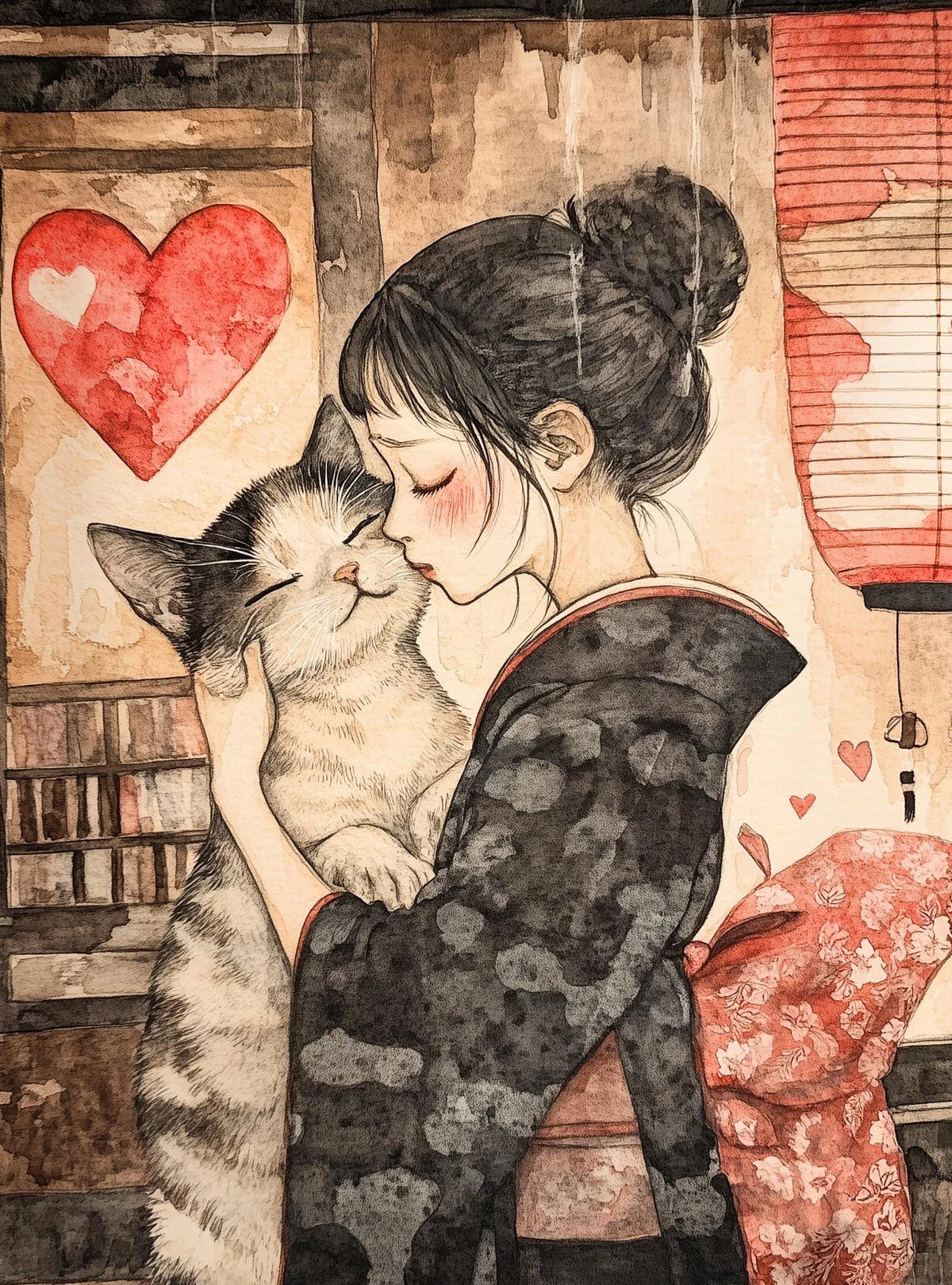 Japanese Black Cat Moon Canvas Wall Art – Retro Cartoon Poster Canvas Wall Art Qst