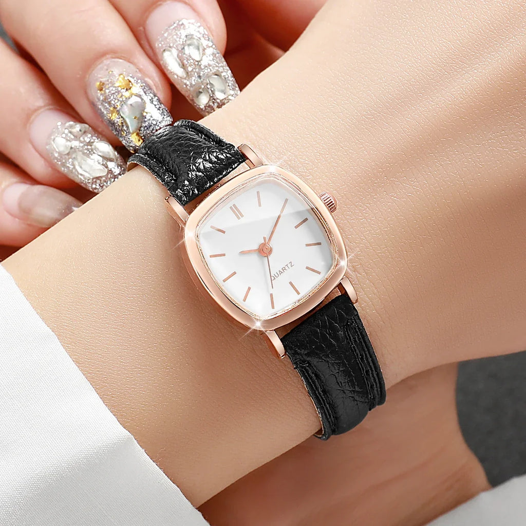 Women's Minimalist Square Quartz Watch – Rose Gold Brown Strap Women's Quartz Watch Qme