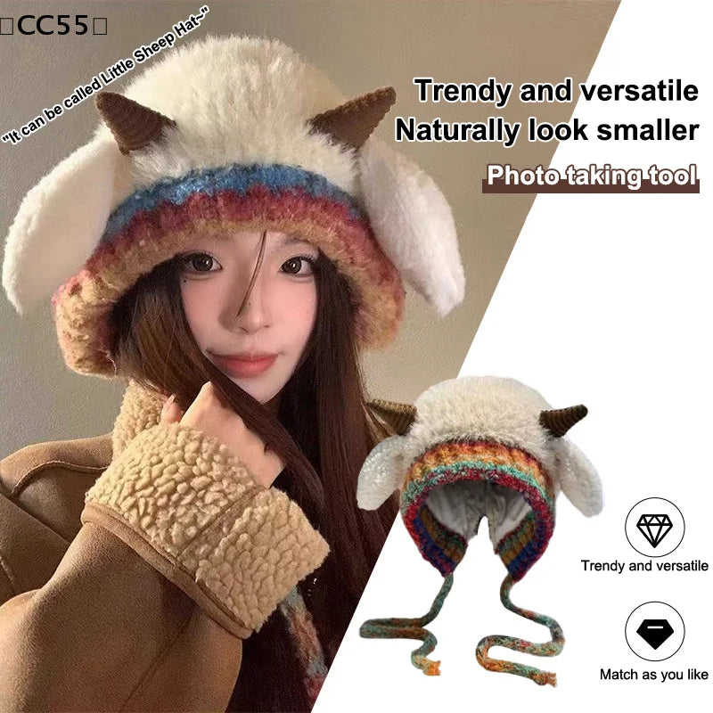Women's Plush Knitted Beanie – Warm Winter Hat with Ear Cover Knitted Beanie Hat Qst