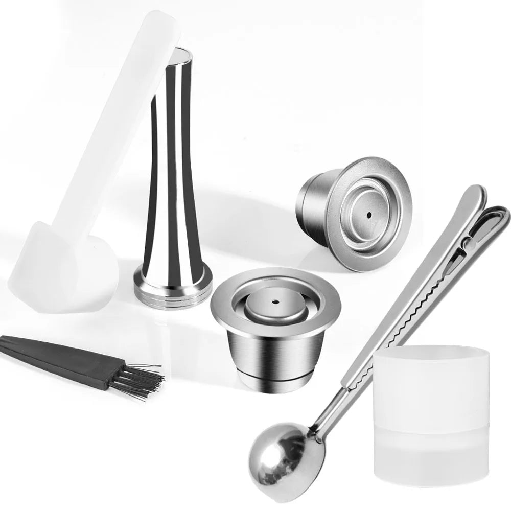 Reusable Stainless Steel Nespresso Pods + Tamper & Dosing Ring Refillable Coffee Pods Qst 2 pod t ds