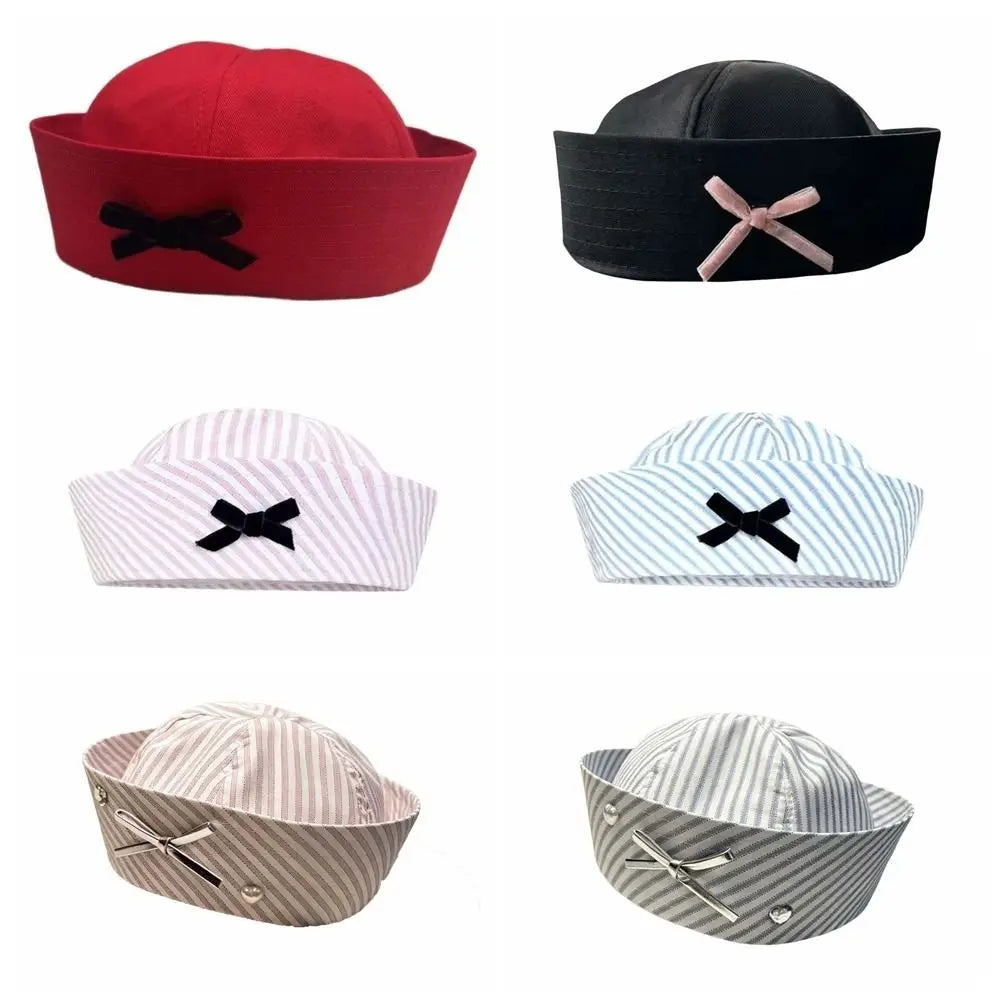 Y2K Stripe Sailor Captain Hat with Bow – Octagonal Navy Cap Sailor Captain Hat Qme