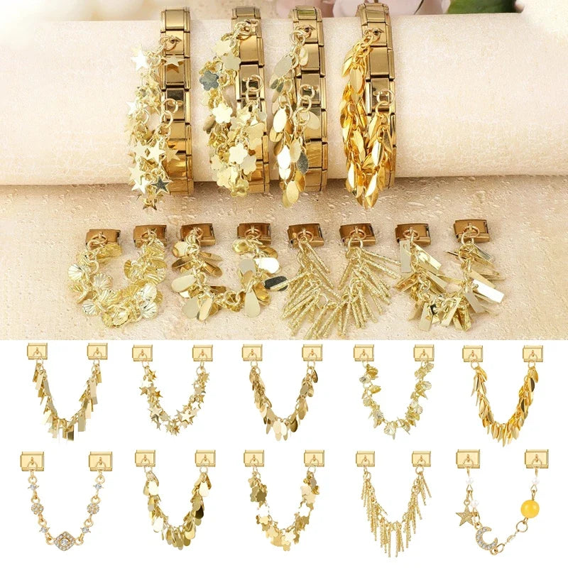 Shell Flower Stars Leaf Gold Tassel Italian Charm Bracelet Bracelet Charm Qme