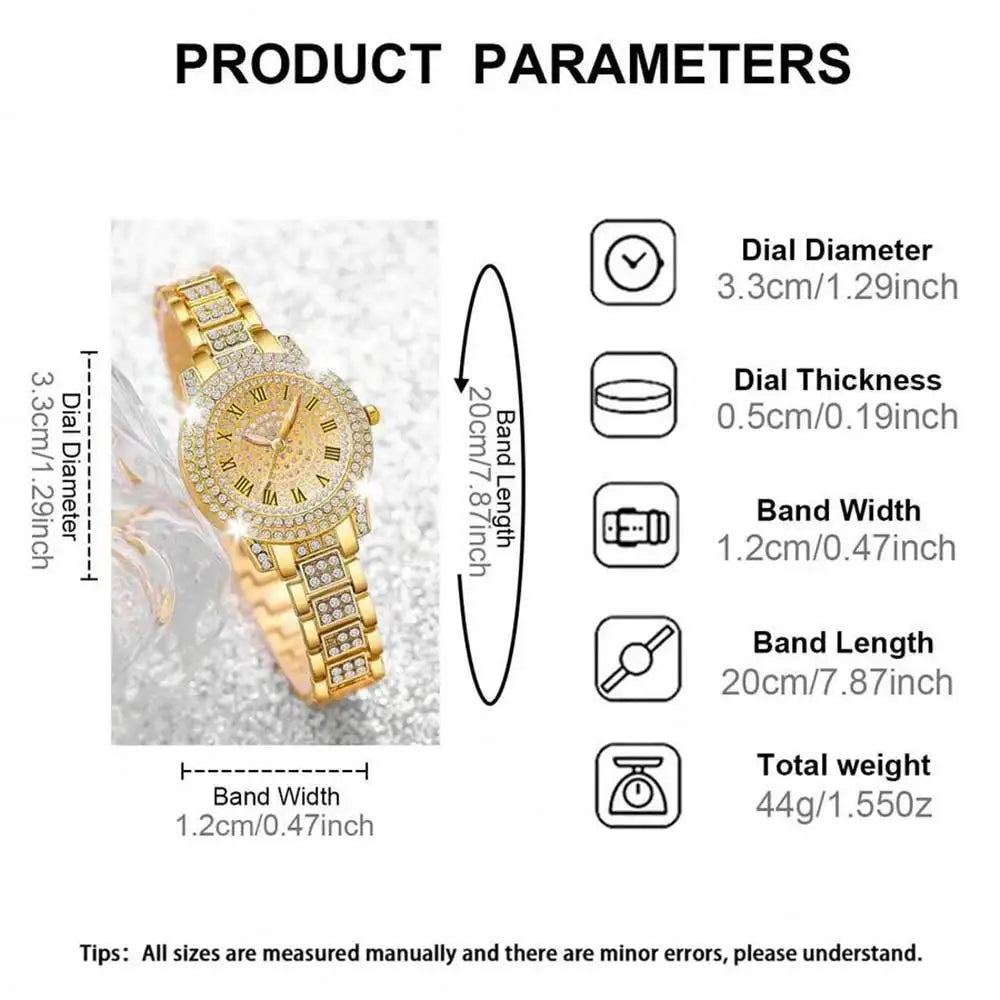 Women's Luxury Rhinestone Watch | Roman Numerals Round Dial Bracelet Watch Qme