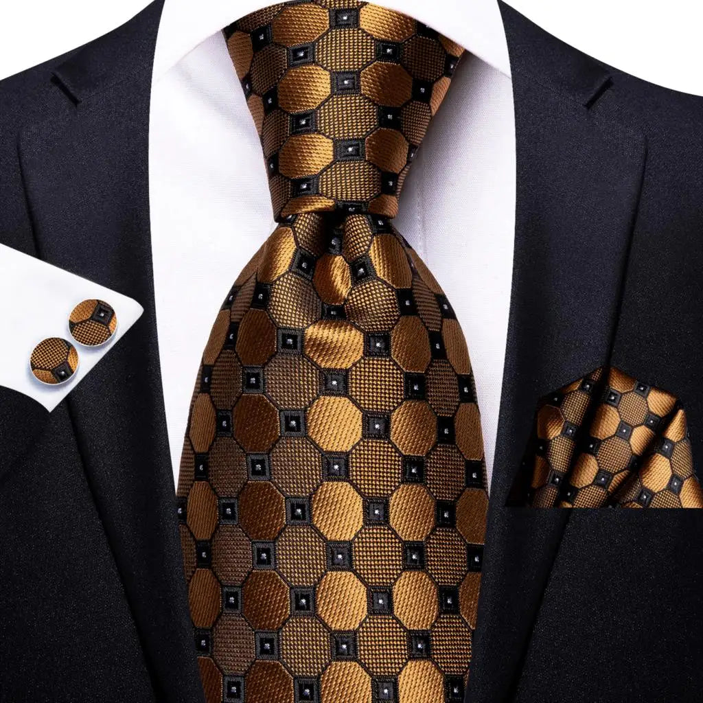 Hi-Tie 100% Silk Black Gold Jacquard Wedding Necktie Set Silk Necktie Set Qme SN-3398