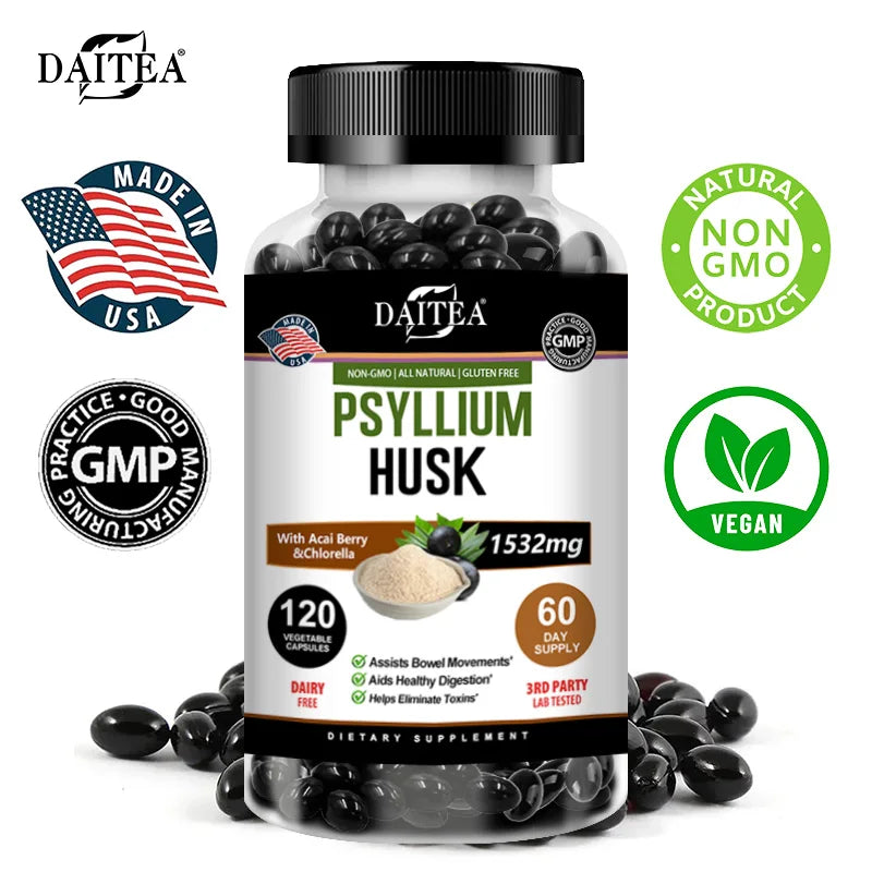Psyllium Husk Capsules – Non-GMO, Gluten-Free Natural Fiber Fiber Supplement Qst