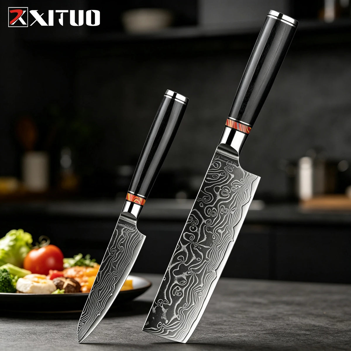 XITUO Damascus Steel Kitchen Knife Set – Santoku & Nakiri Kitchen Knife Set Qst 2PCS Knife C