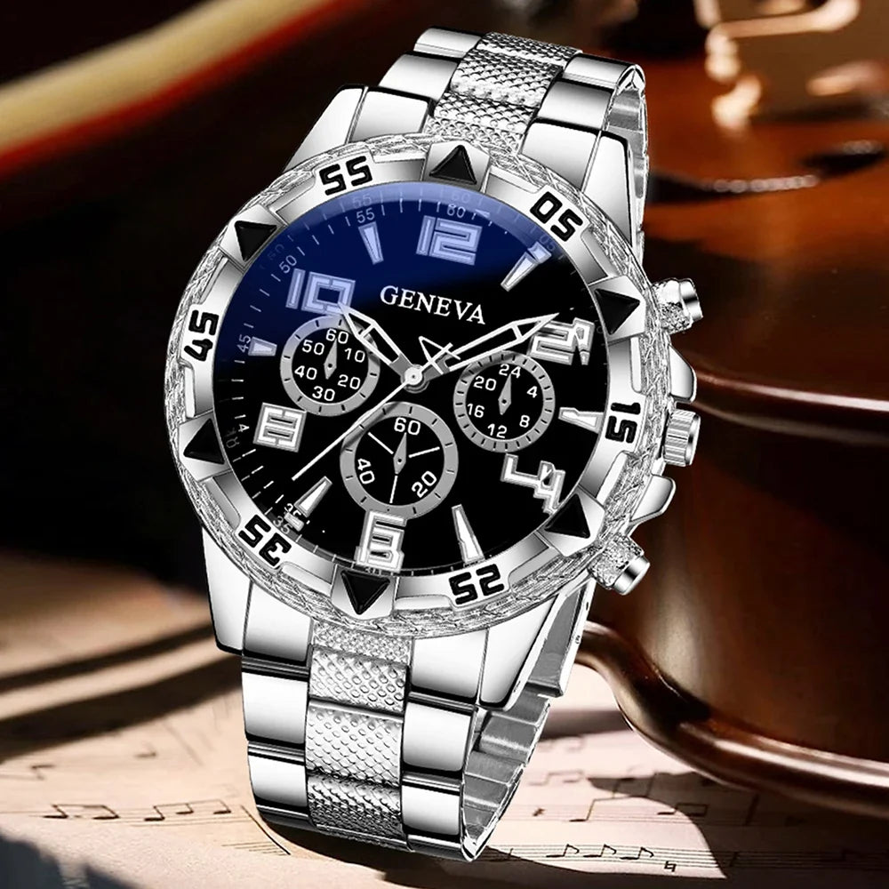 Hip Hop Iced Rhinestone Geneva Watch & Bracelet Set for Men Watch & Bracelet Set Qme