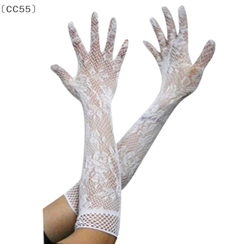 Women's Sheer Lace Fishnet Gloves – Stretchy Elbow Length Fashion Lace Gloves Qst
