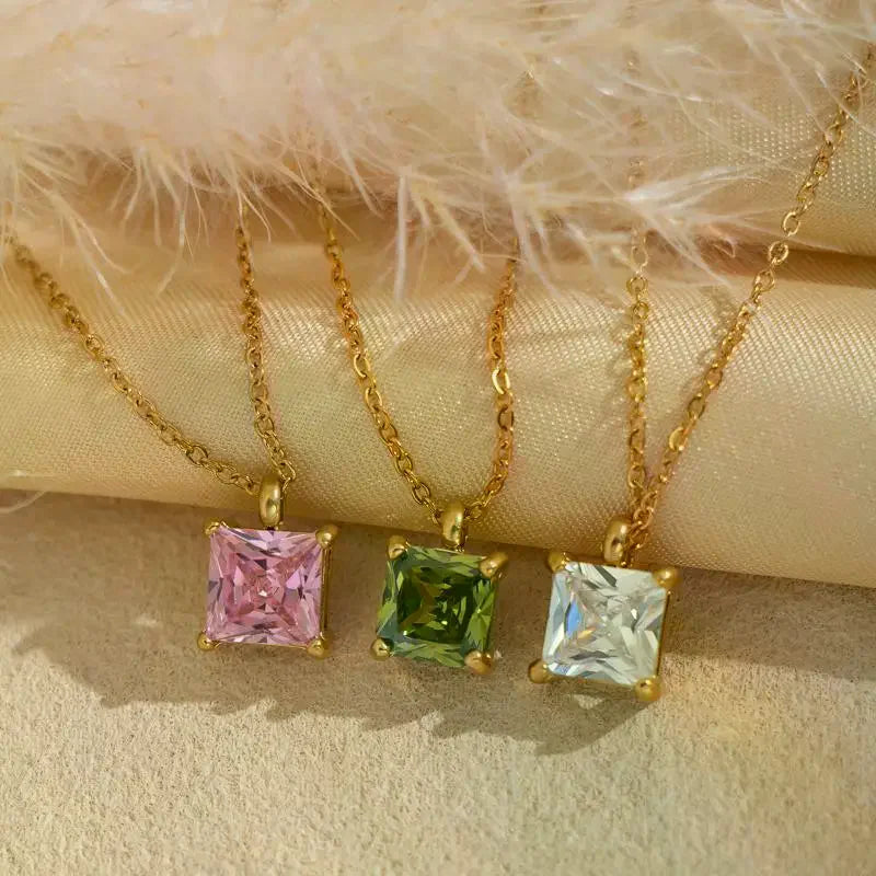 Minimalist Stainless Steel Square Zircon Pendant Necklace Pendant Necklace Qme