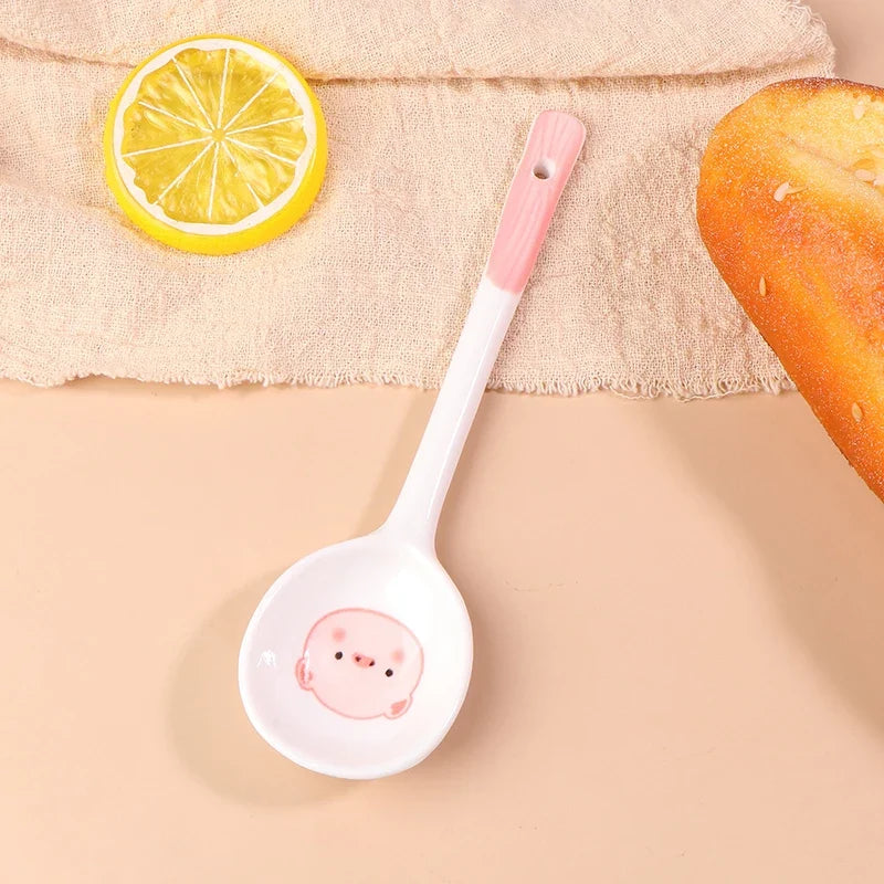Kawaii Pig Ceramic Spoon | Hand-Painted Cute Soup & Dessert Ceramic Dessert Spoon Qme