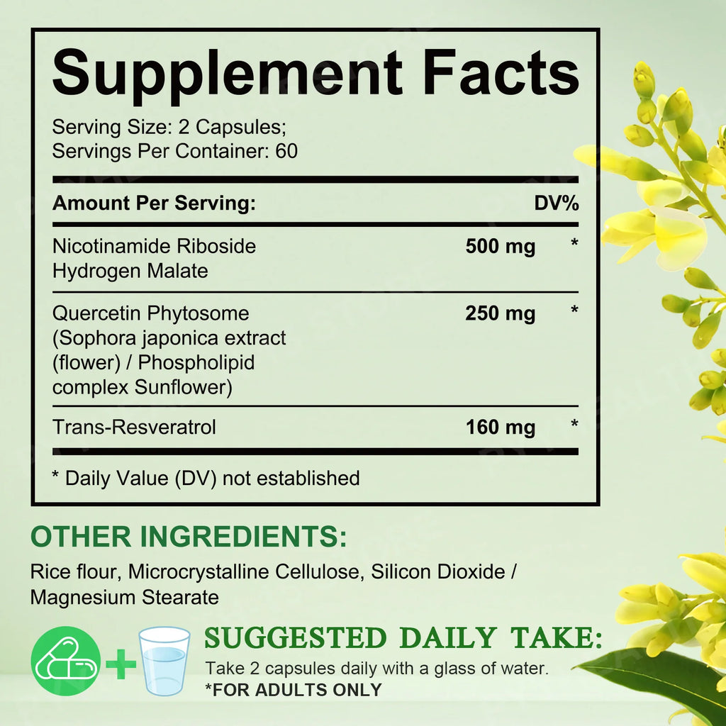 NAD+ Nicotinamide Riboside Capsules with Quercetin & Resveratrol NAD+ Supplement Capsules Qst