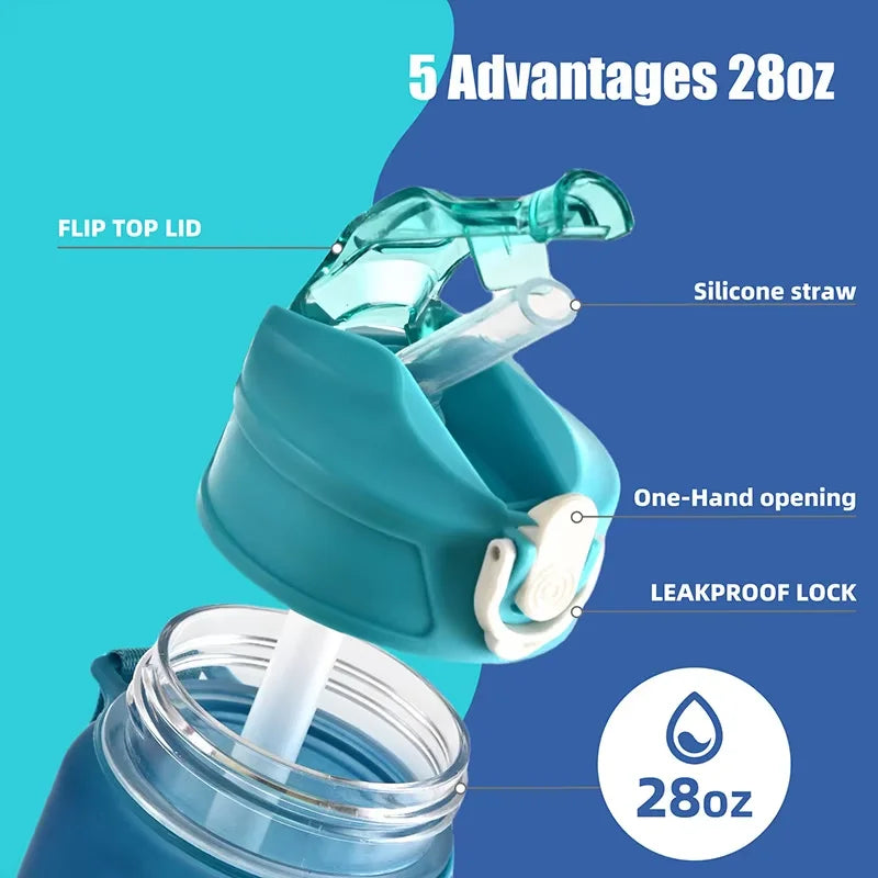 800ml Leak-Proof Sports Water Bottle with Straw & Time Markers Sports Water Bottle Qme