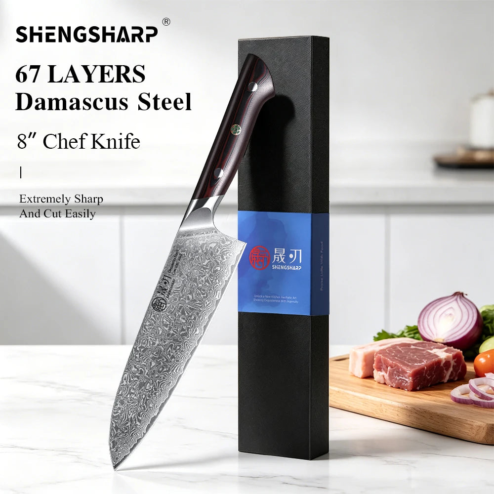 SHENGSHARP 8" Damascus Steel Chef Knife – G10 Handle, 67 Layers Chef Knife Qst Chef Knife 8 inch