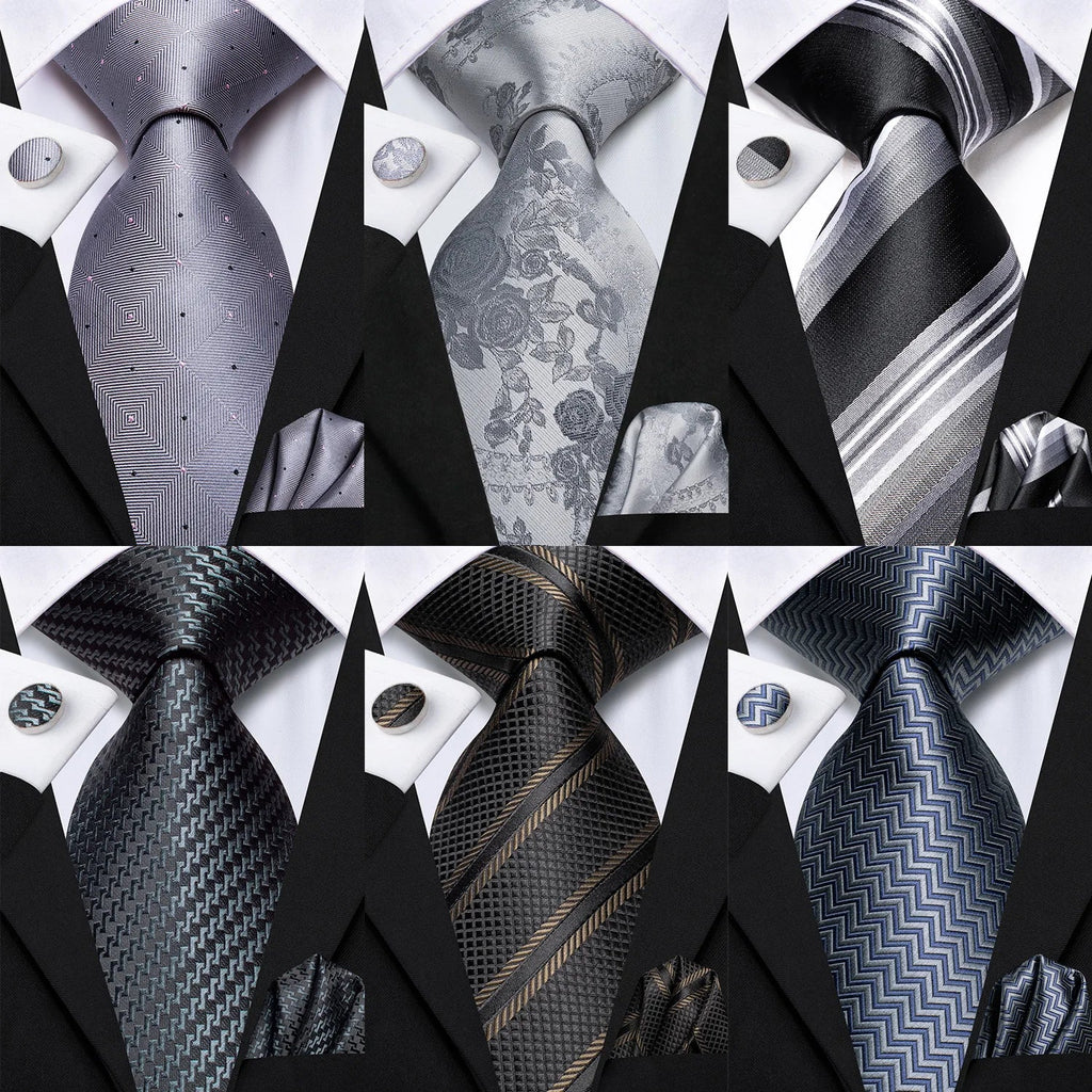 Hi-Tie Smoke Grey Necktie Pocket Square & Cufflinks Set Necktie Gift Set Qme