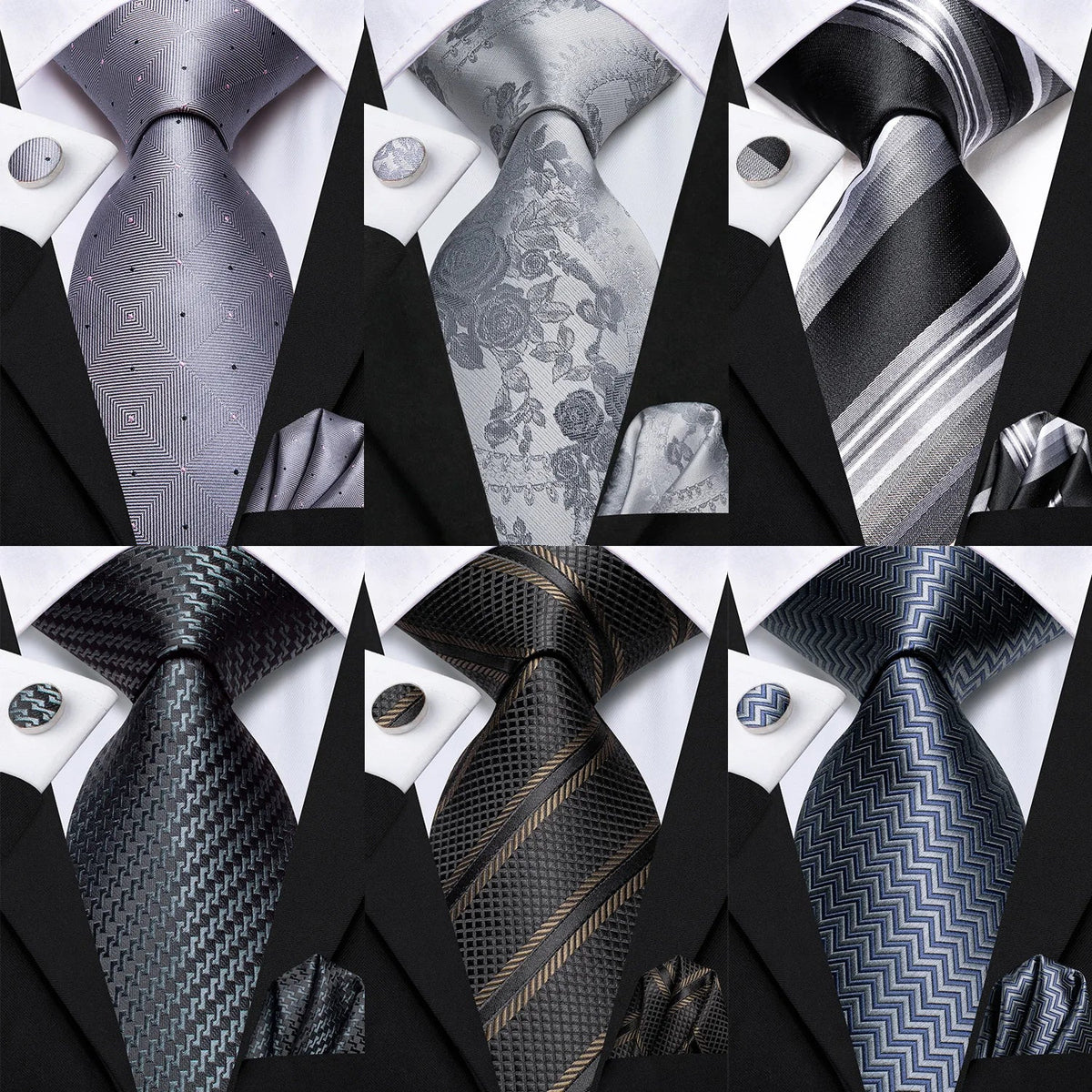 Hi-Tie Smoke Grey Necktie Pocket Square & Cufflinks Set Necktie Gift Set Qme