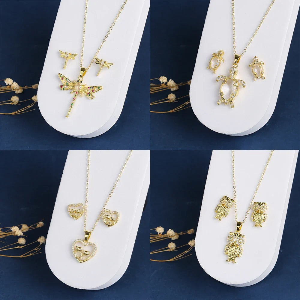 Dragonfly & Turtle Zirconia Necklace & Earrings Set | 5 Designs Jewelry Set Qme
