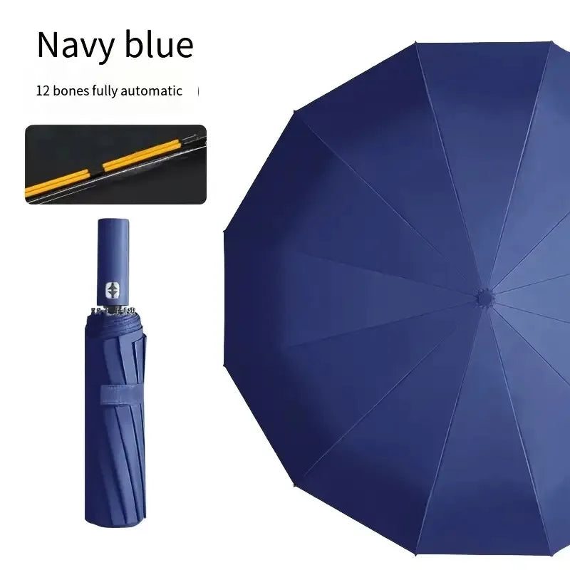 24-Rib Auto Folding Umbrella – Large UV & Rain Canopy Folding Umbrella Qst Navy blue 12K Iron
